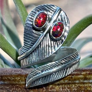 Fire Opal - Sterling Silver Feather Wrap Ring | Adjustable